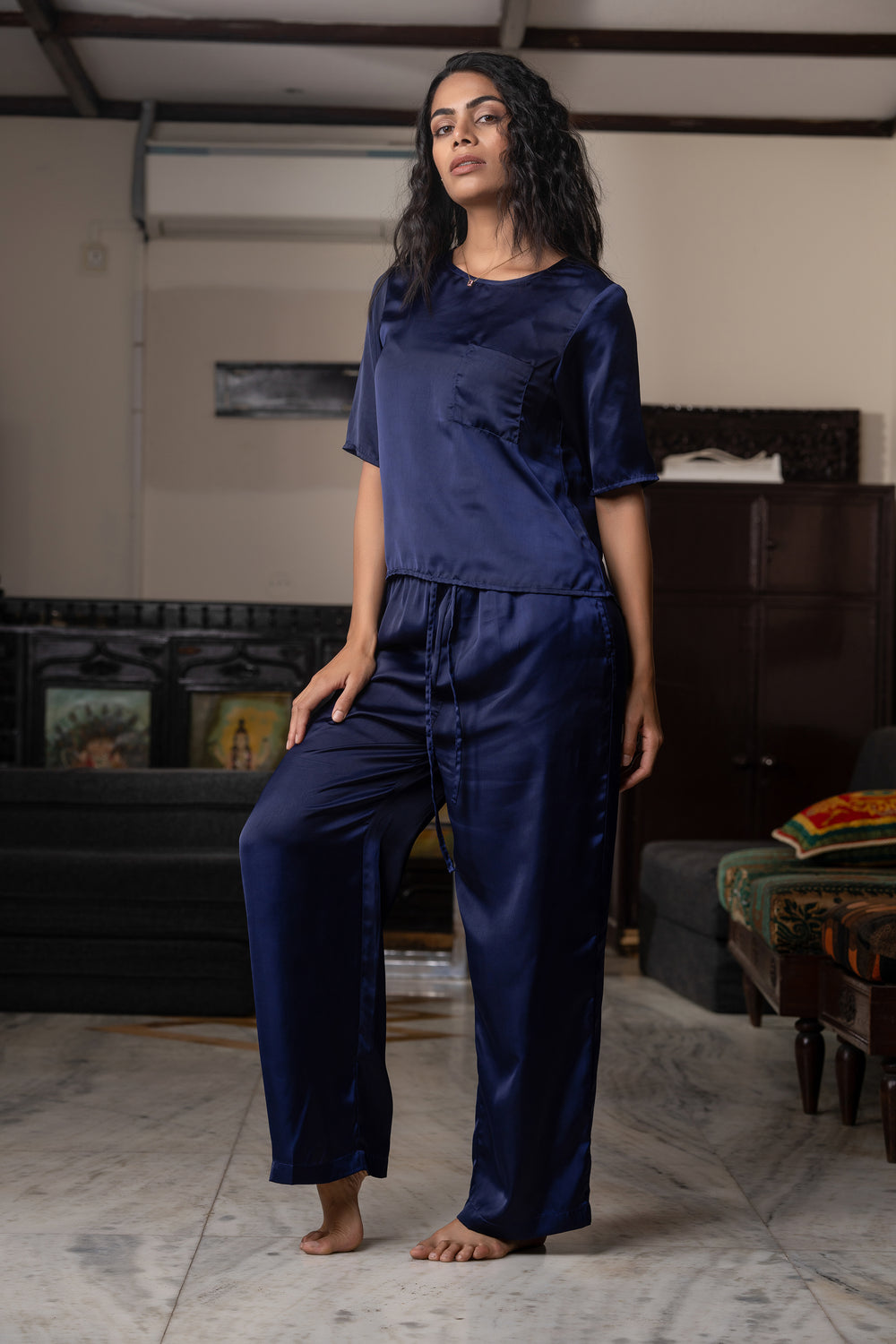 Midnight Sky Half Sleeve Blue Pjs With Pocket for Women