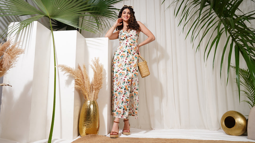  Floral Safari Front Cutout Women maxi dress with slit