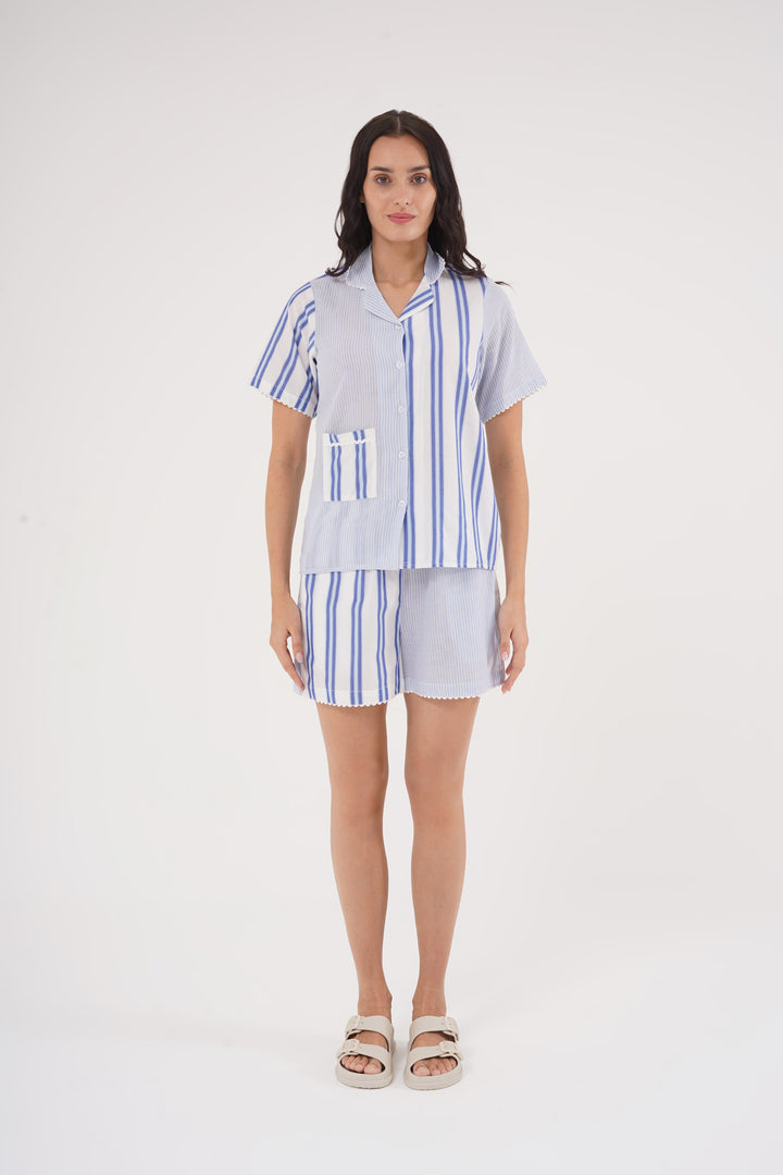 Blue Harmony Stripe PJ Set in 100% cotton