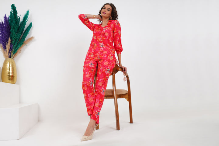  Blooming Puff Sleeve printed co ord set​ for women