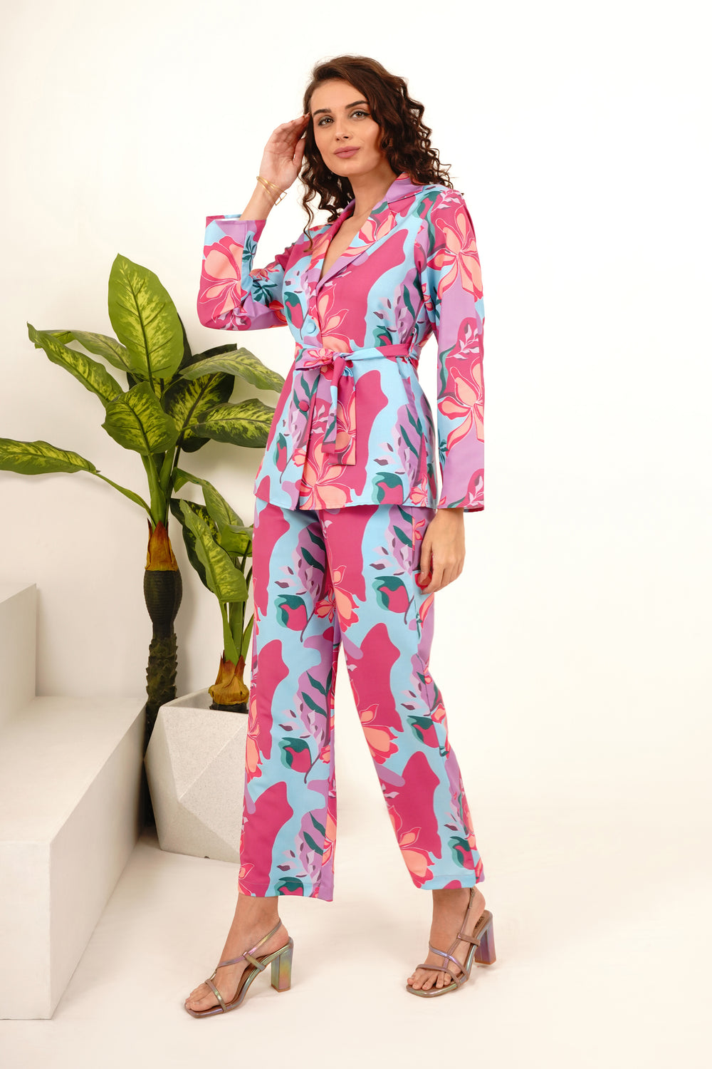 Printed Full Sleeve Blazer Co Ord Set for Ladies