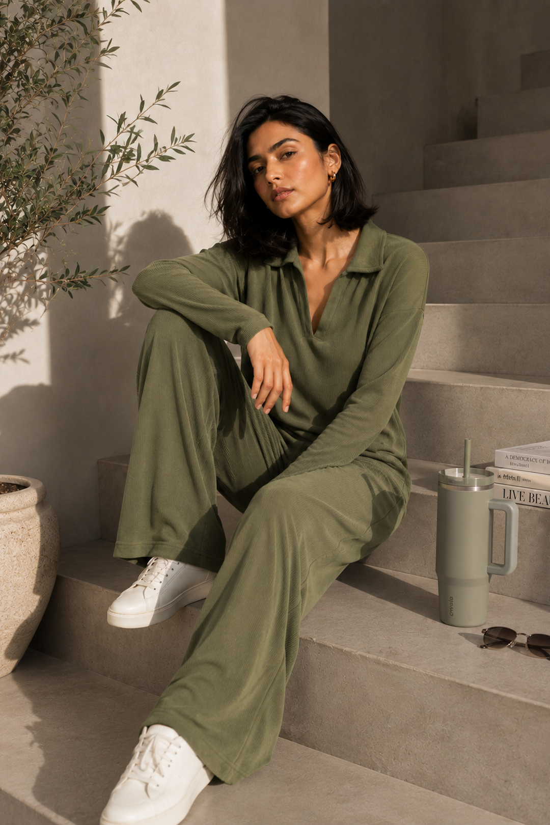 AirLuxe Rib™ Olive Vneck Full Sleeve Collared Top
