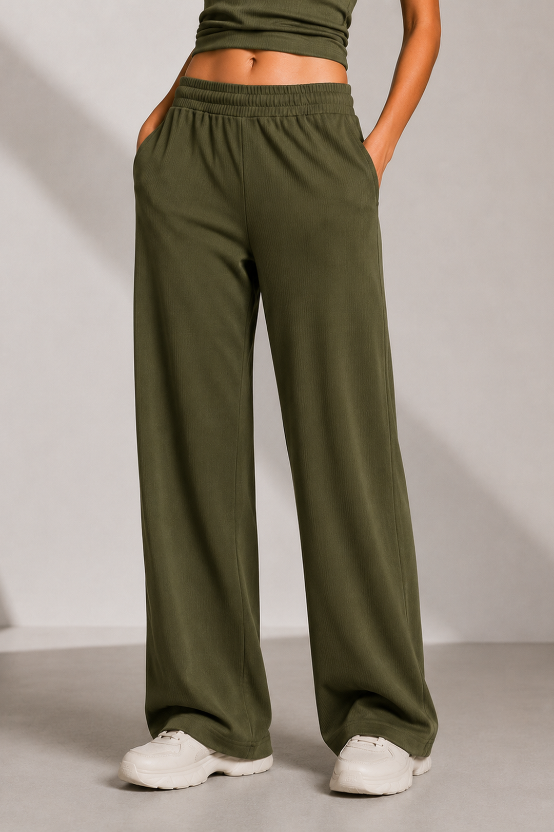AirLuxe Rib™ Olive Mist Fluid Wide Leg Pants