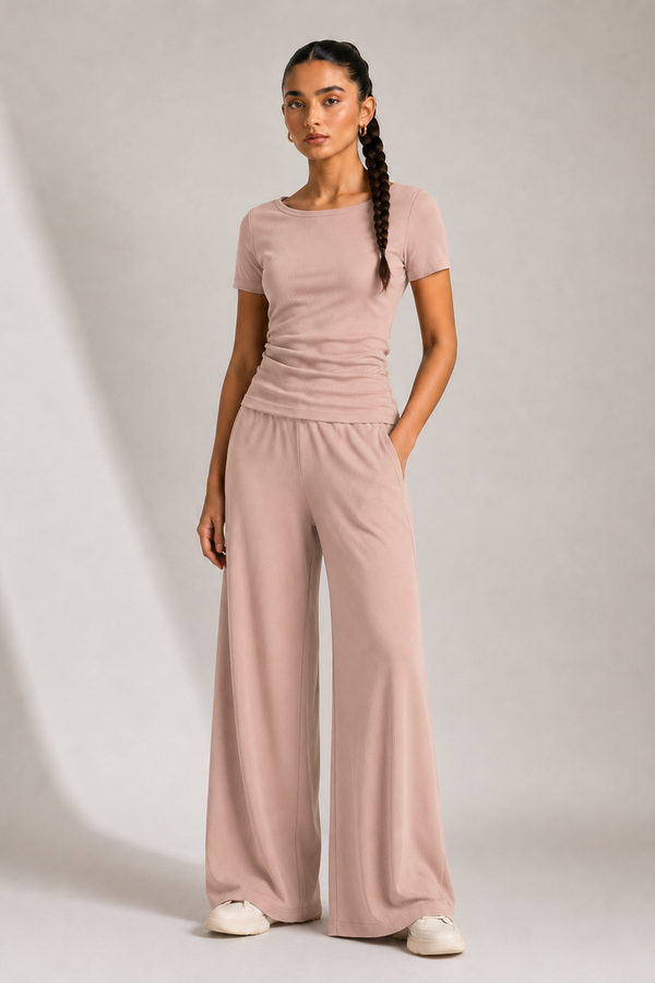 AirLuxe Rib Petal Blush Ruched Lounge Set