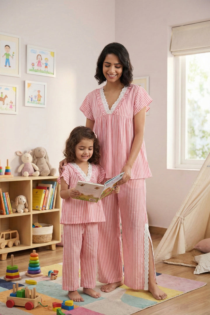 Everyday Elegance coral Stripe  mom and me sleep Set