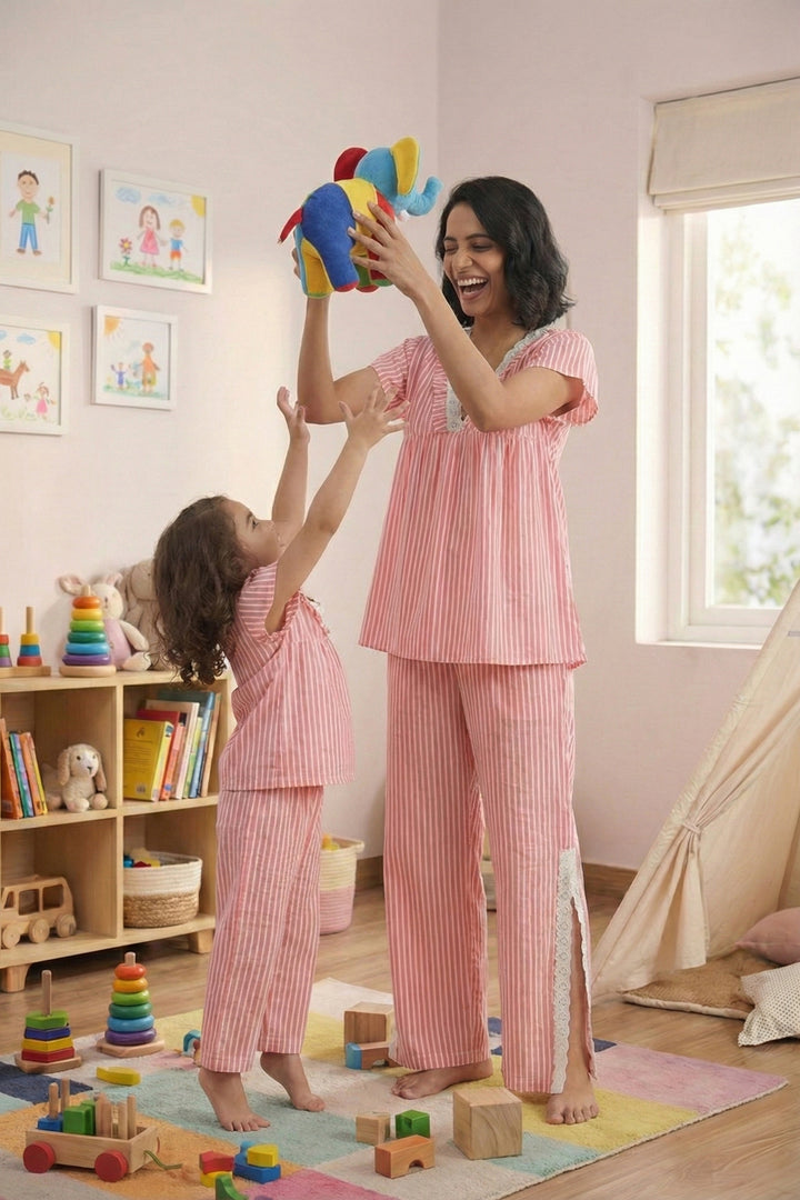 Everyday Elegance coral Stripe  mom and me sleep Set