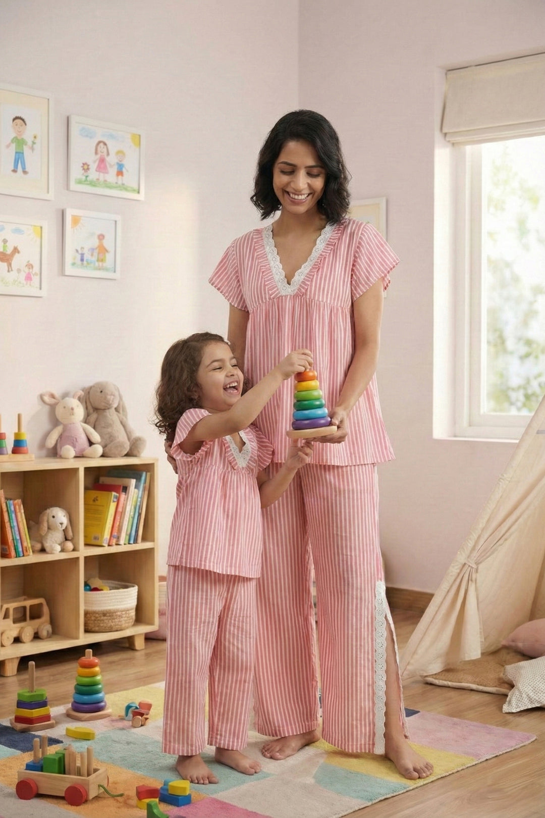 Everyday Elegance coral Stripe  mom and me sleep Set