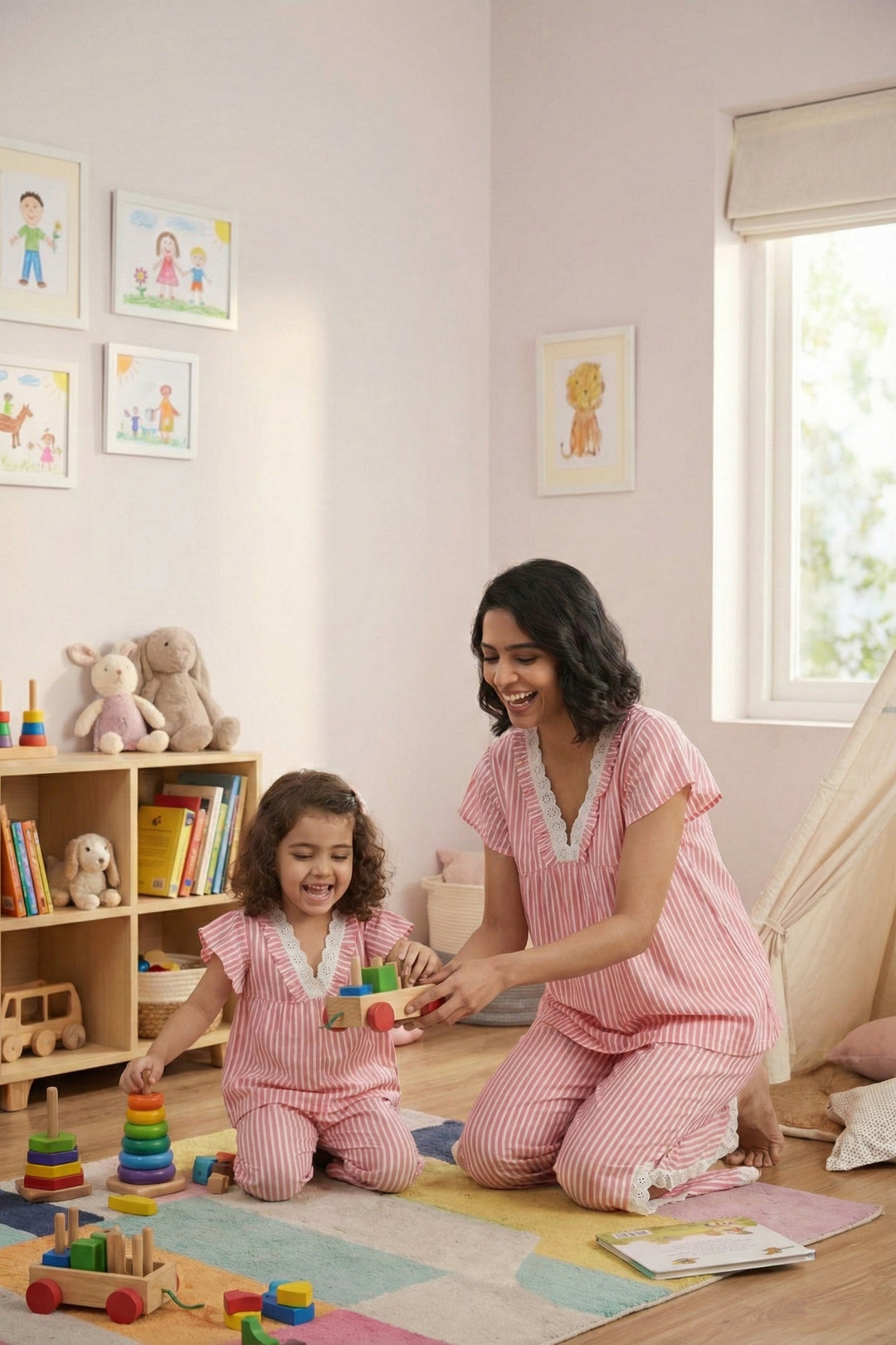 Everyday Elegance coral Stripe  mom and me sleep Set