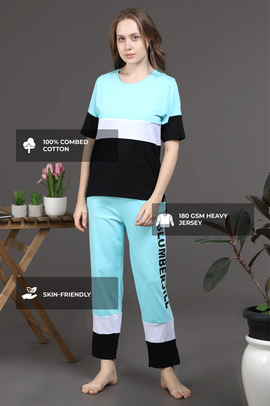 SLUMBER EVERYDAY AQUA CASCADE LOUNGE SET MADE OF COTTON