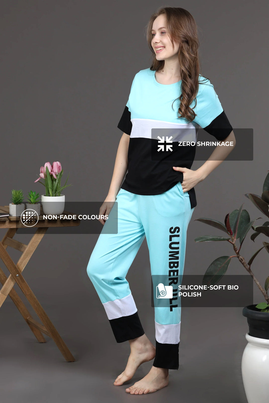 SLUMBER EVERYDAY AQUA CASCADE LOUNGE SET MADE OF COTTON