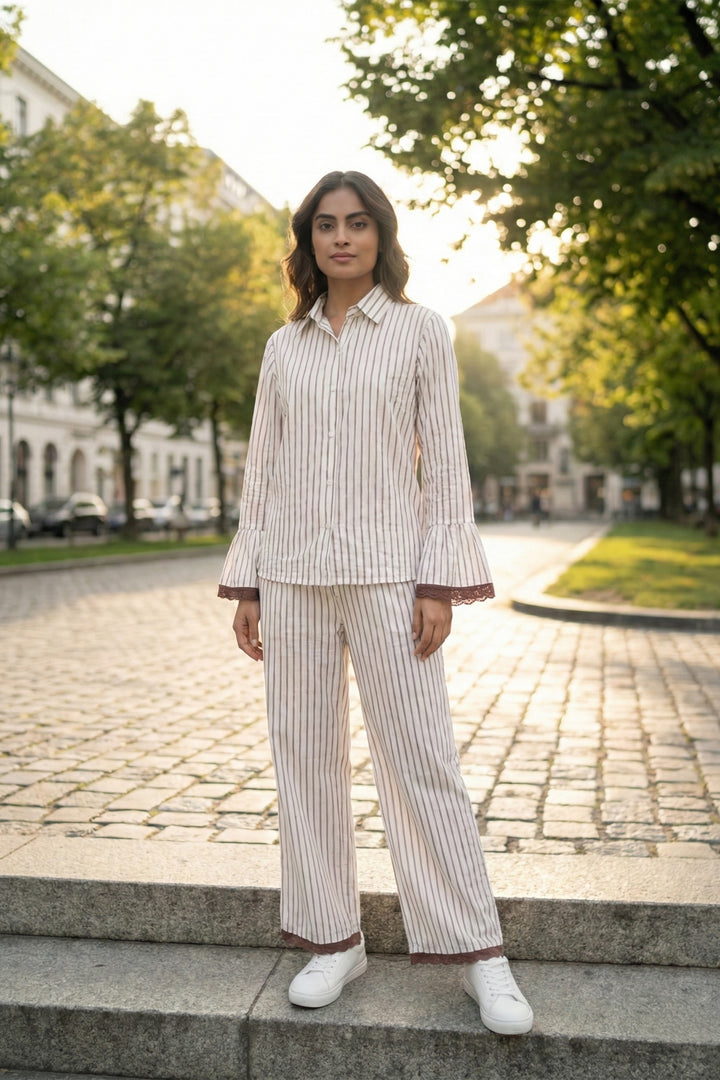Mocha Mornings  Stripe Cotton Wide Leg Pants Co-ord Set