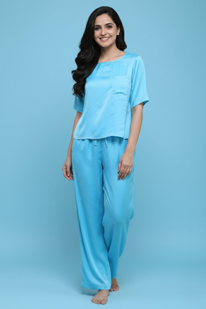Aqua bloom half sleeve pj set with pocket