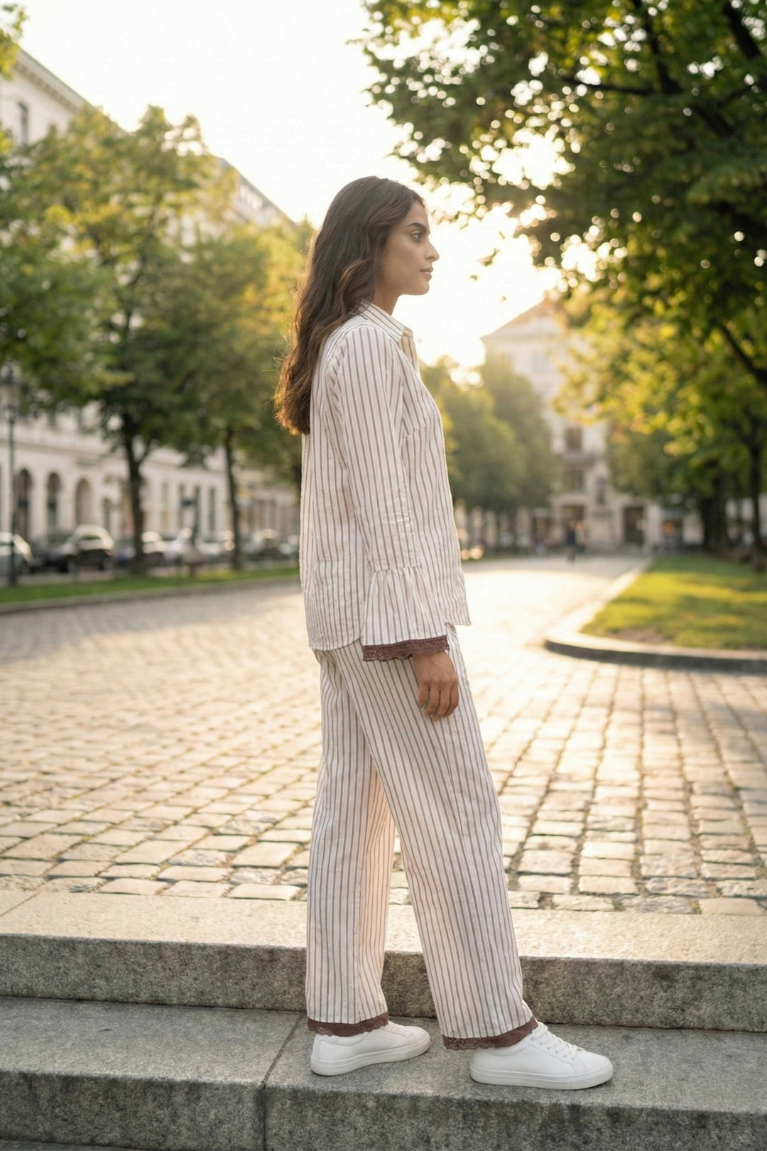 Mocha Mornings  Stripe Cotton Wide Leg Pants Co-ord Set
