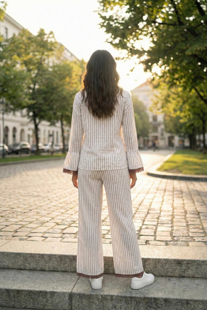 Mocha Mornings  Stripe Cotton Wide Leg Pants Co-ord Set