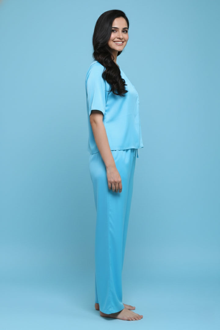 Aqua bloom half sleeve pj set with pocket