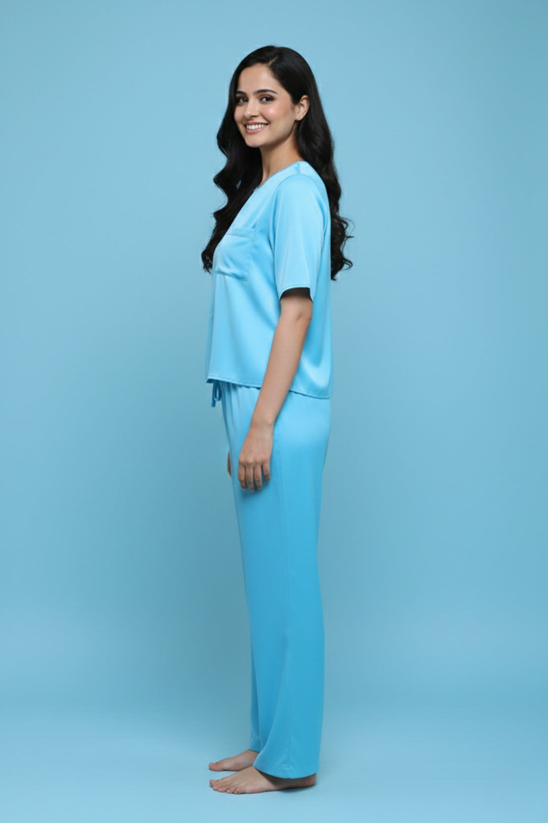 Aqua bloom half sleeve pj set with pocket