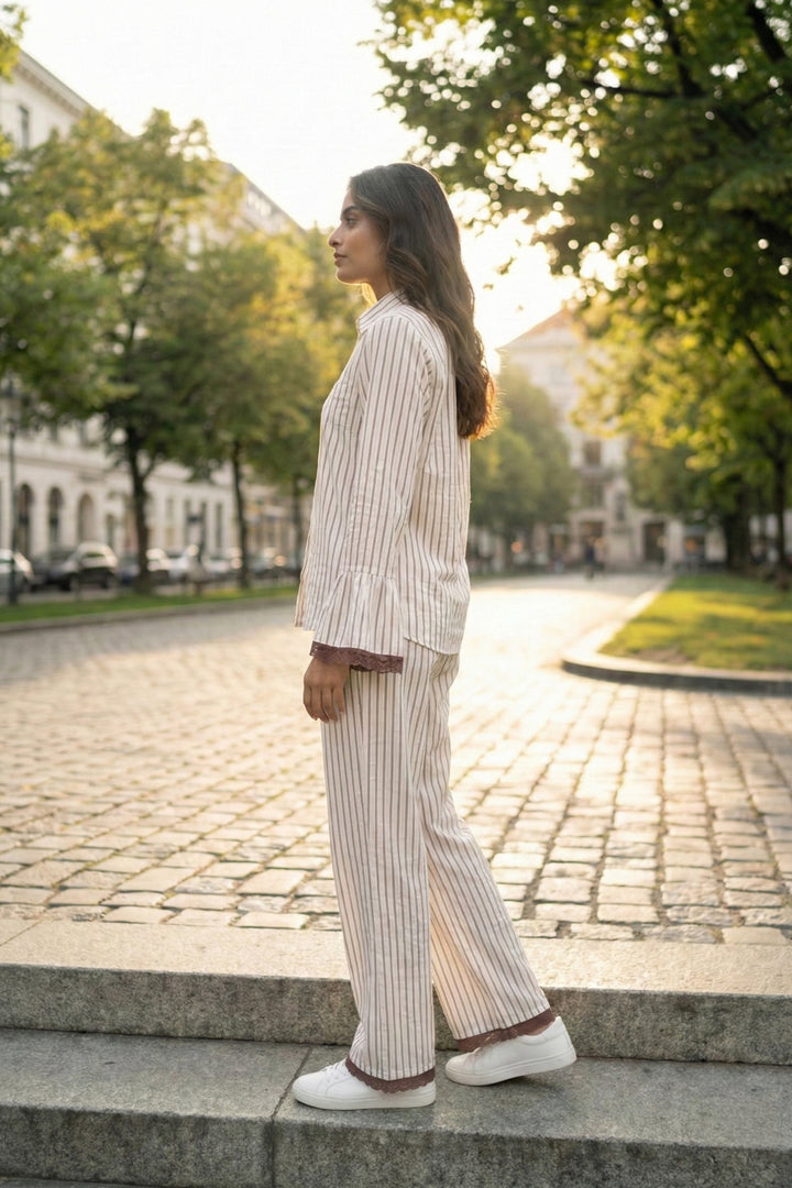 Mocha Mornings  Stripe Cotton Wide Leg Pants Co-ord Set