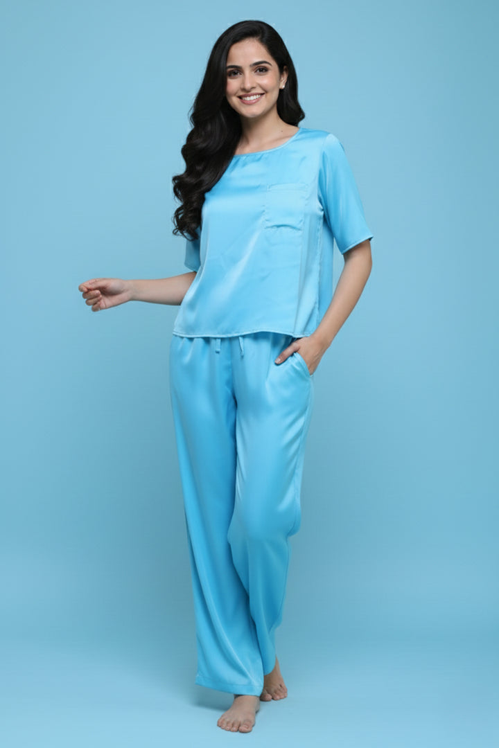 Aqua bloom half sleeve pj set with pocket