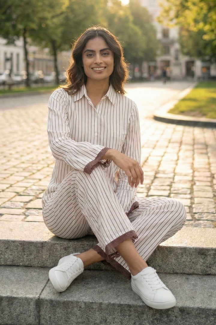 Mocha Mornings  Stripe Cotton Wide Leg Pants Co-ord Set