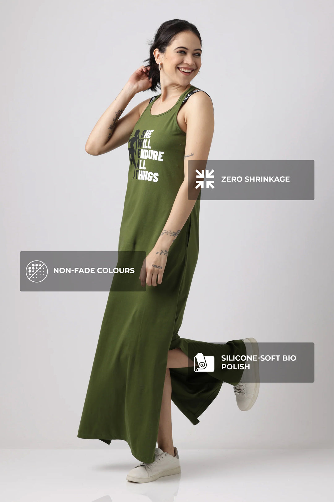 Pesto Greens Sporty Luxe Lounge Dress With Freshon Finish