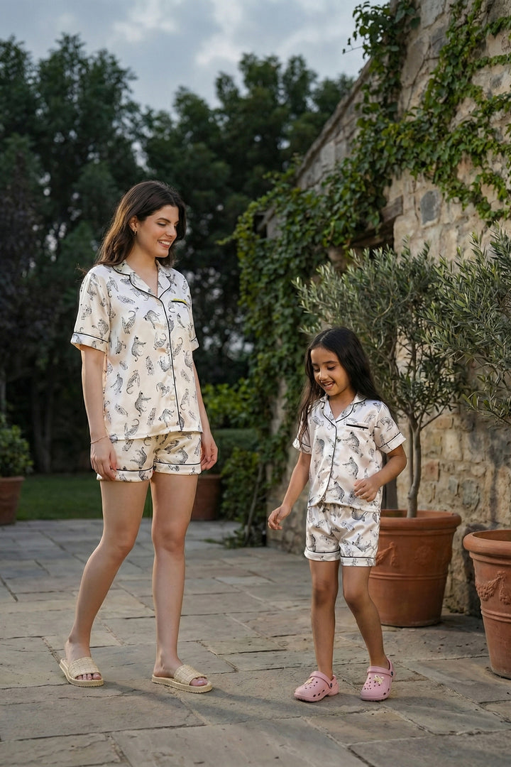 WILD ELEGANCE  MOM AND ME COLLARD SHORT SET IN JAPAN SATIN