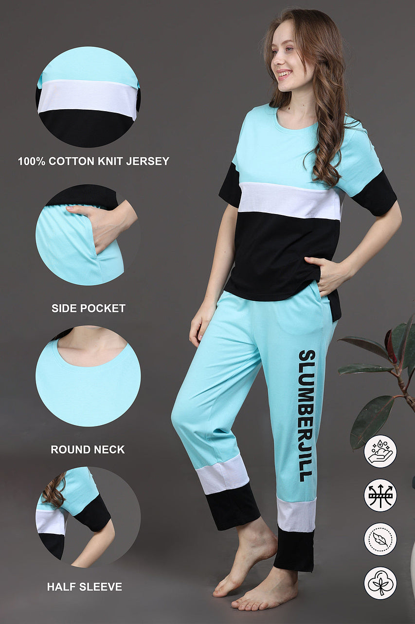 SLUMBER EVERYDAY AQUA CASCADE LOUNGE SET MADE OF COTTON