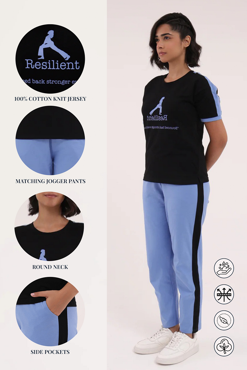 Slumber Jill Active Comfort Black & Blue Cotton Jersey Coord Set