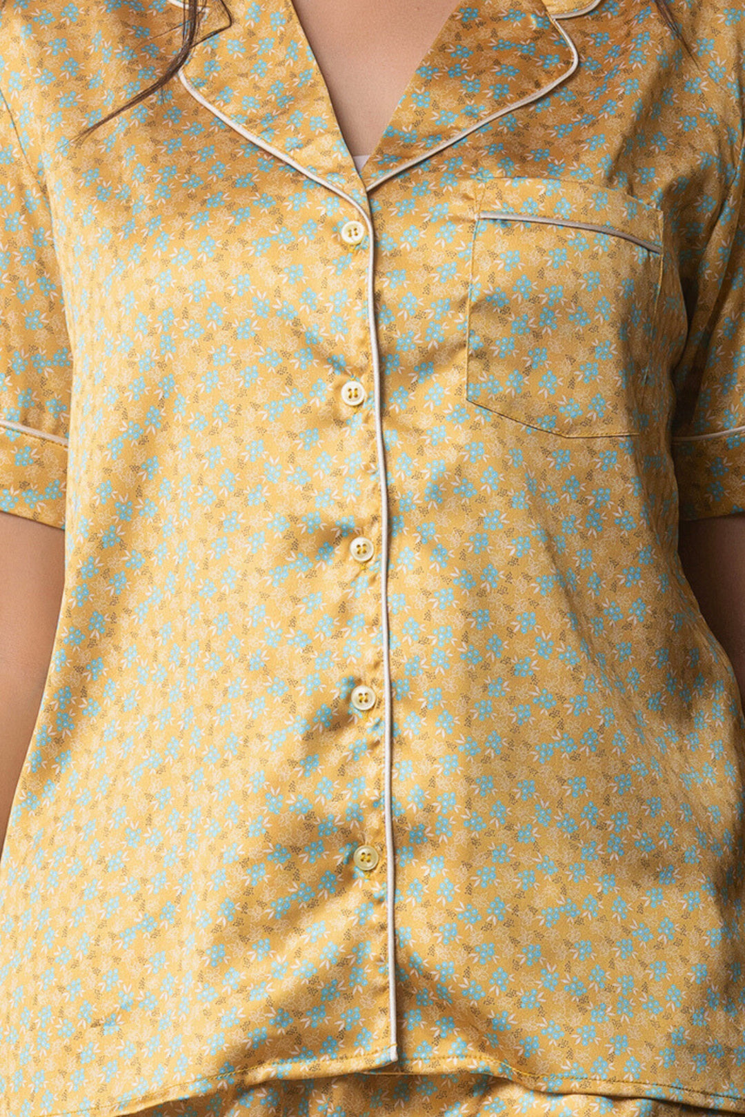 Mustard Bloom Button Down Long  PJ set in Japan Satin
