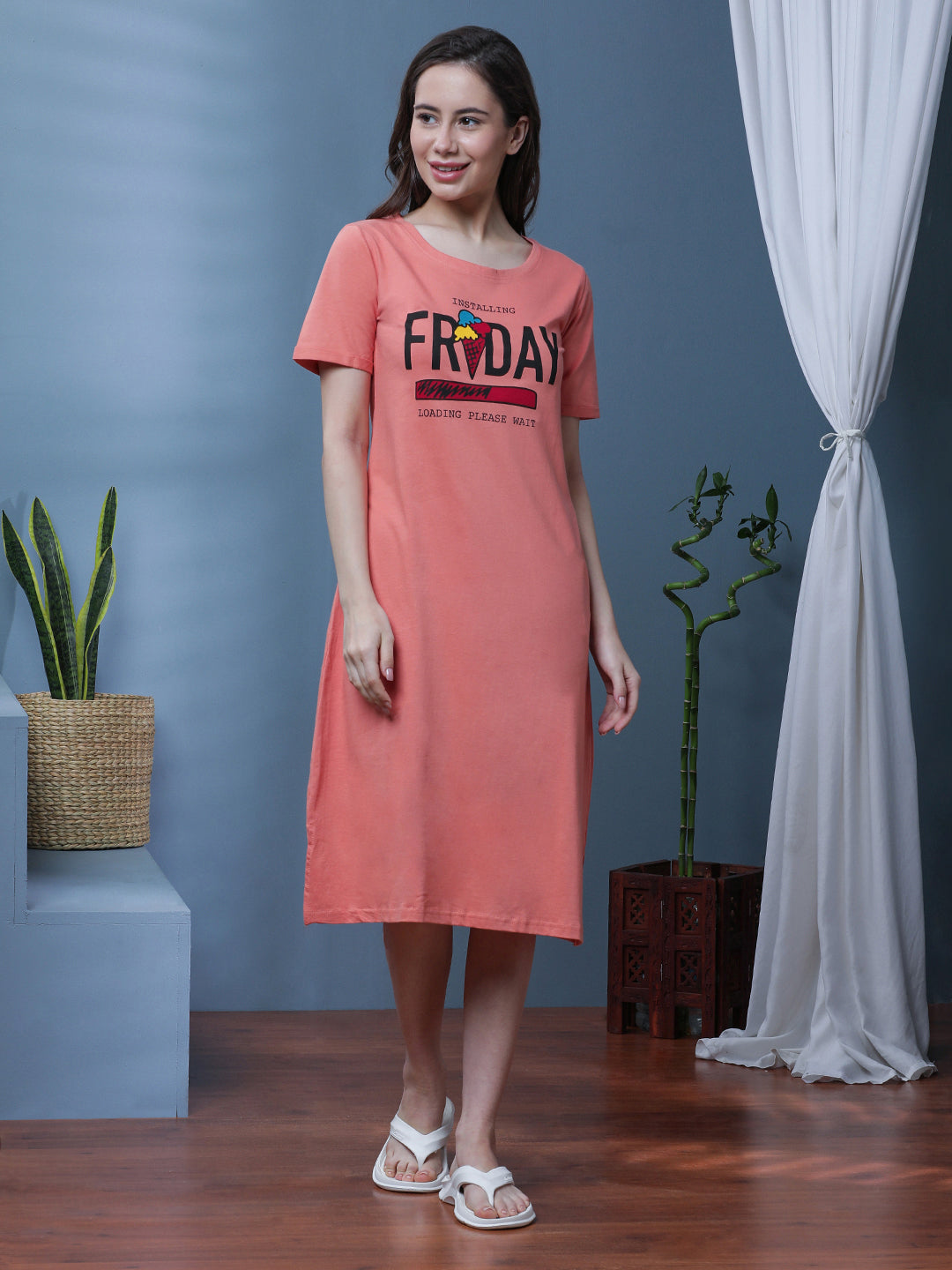 FRIDAY LOADING Mid Length Nightdress in Peach