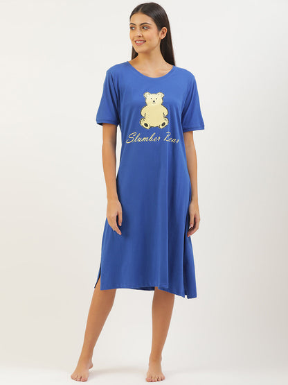 Teddy Bear Printed Nightdress in Blue - 100% Cotton
