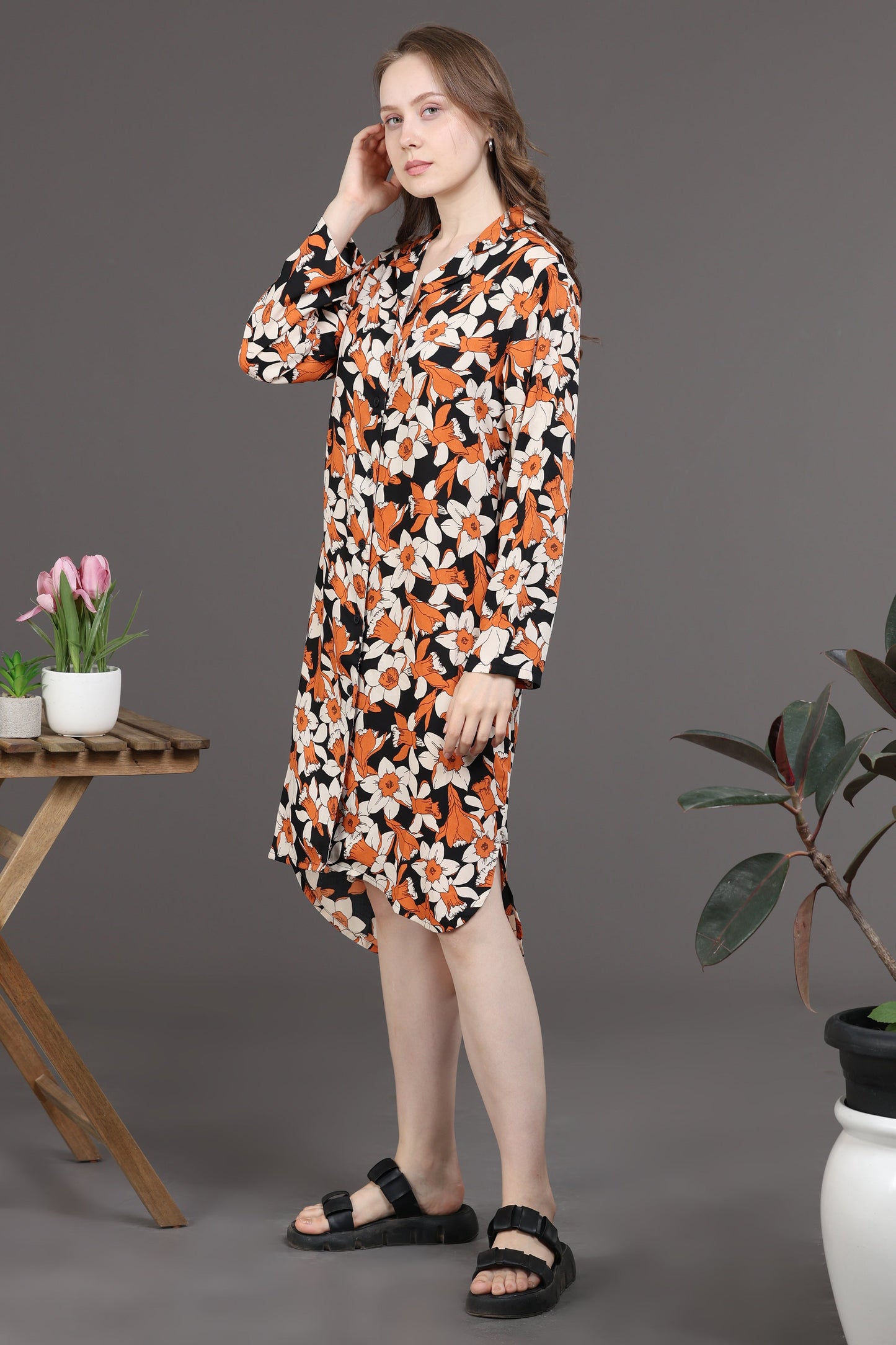 Elegant Floral Dress(Orange/black)