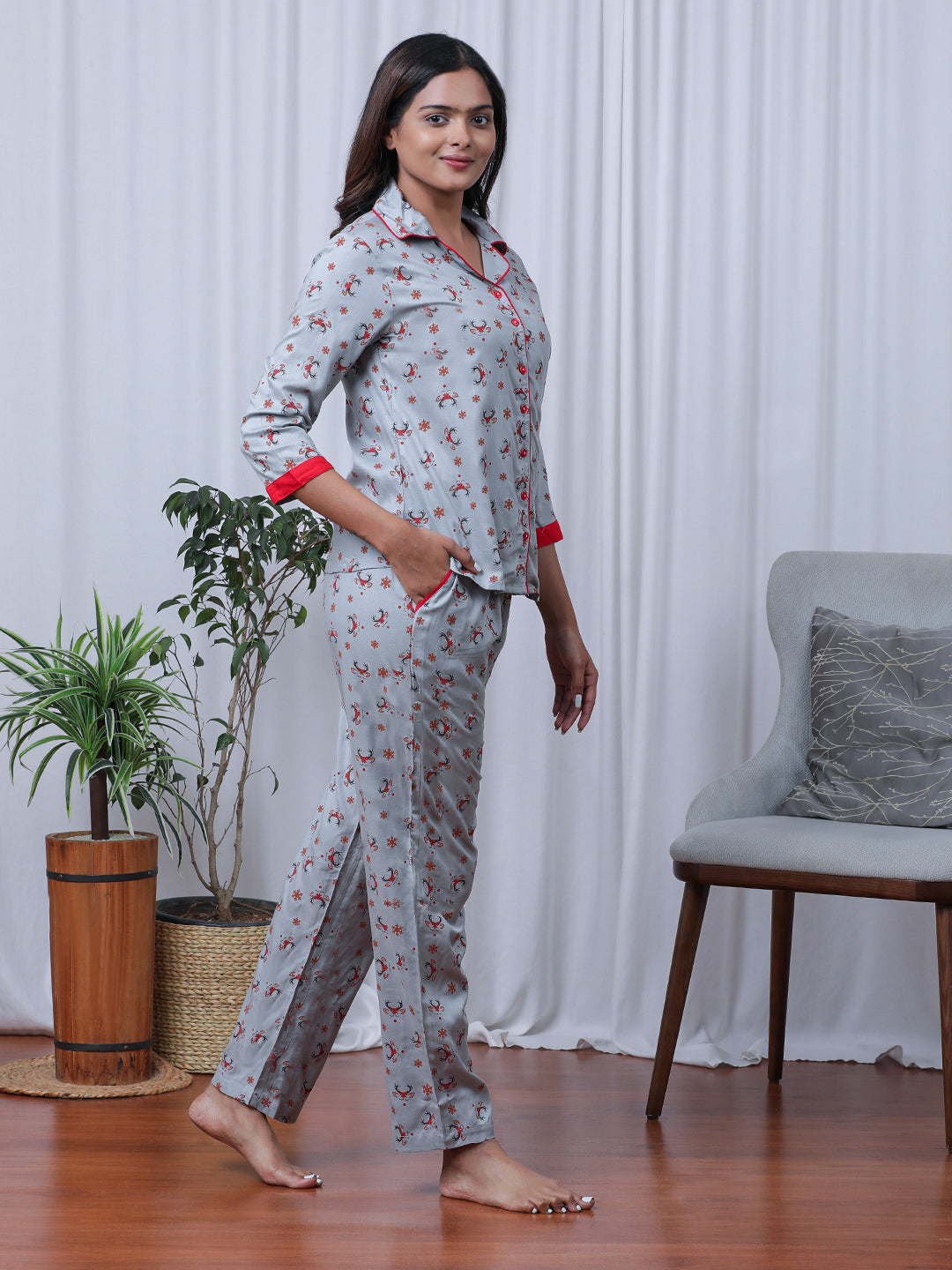 Cute Reindeer n Snowflake Print Button Up Notch Collar Shirt & Pyjama set  in Grey - 100% Viscose