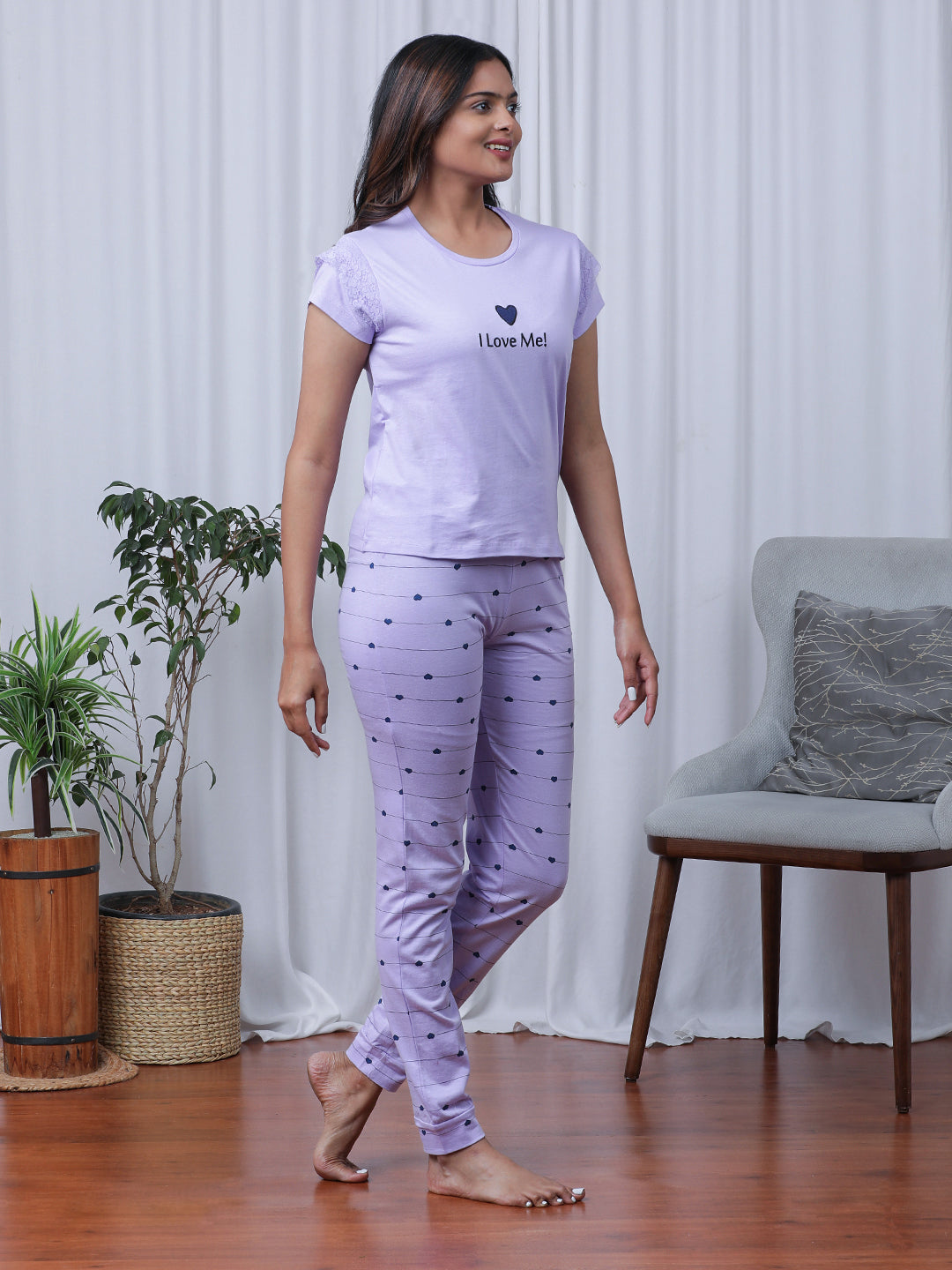 Heart Printed Top & Pajama set in Lilac