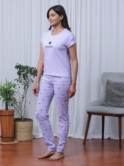 Heart Printed Top & Pajama set in Lilac