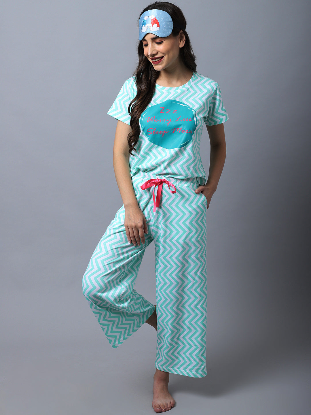 Worry Less Chevron Printed Lounge Set in Icy Green - 100% Cotton