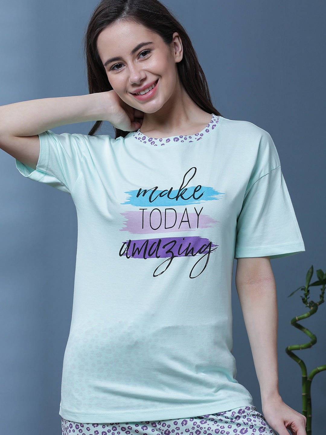 Women Aqua Blue Printed T shirt & Pyjama set