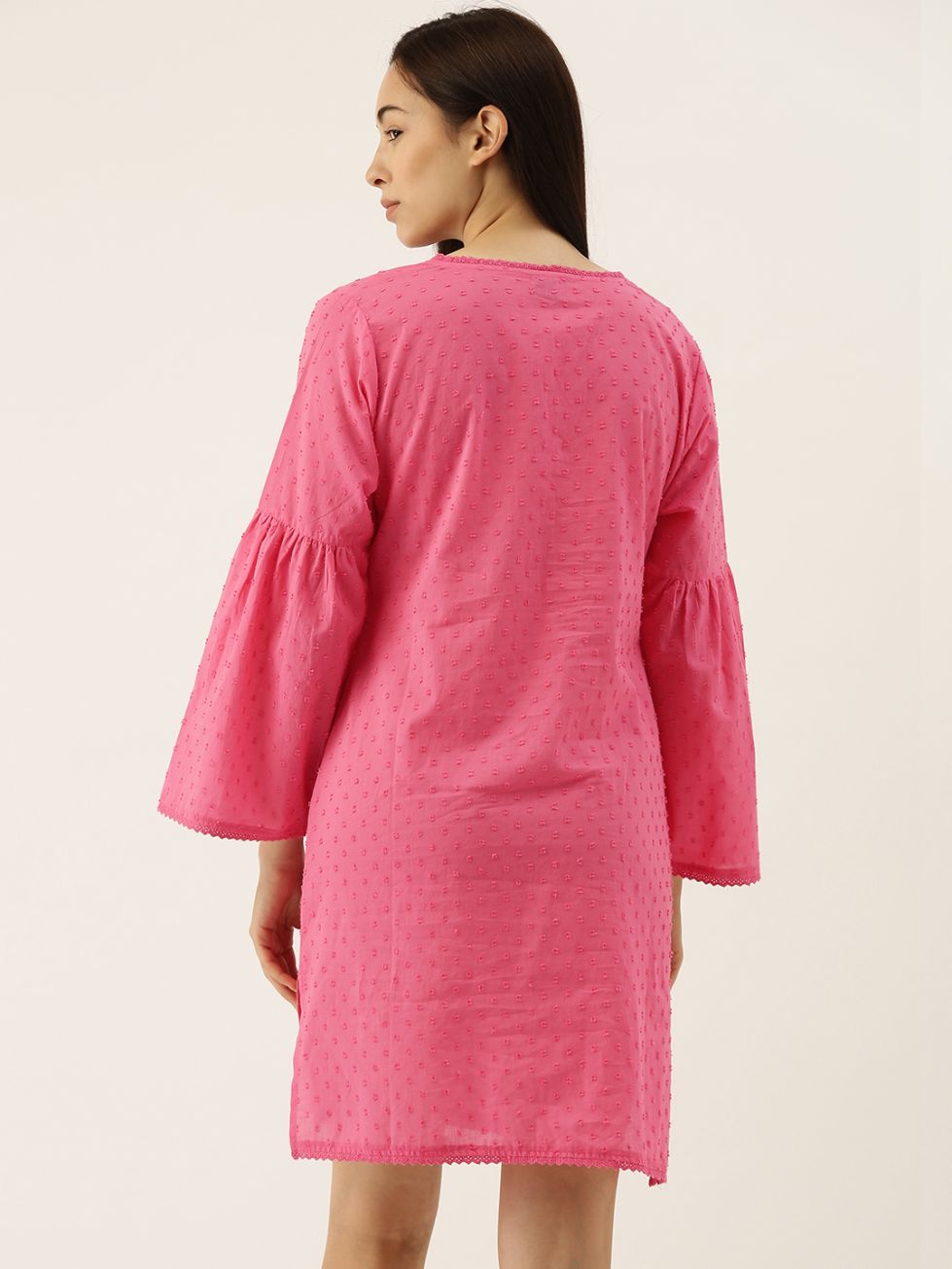 Fuchsia Cyril Dobby Self Design Bell Sleeves Short Night Dress