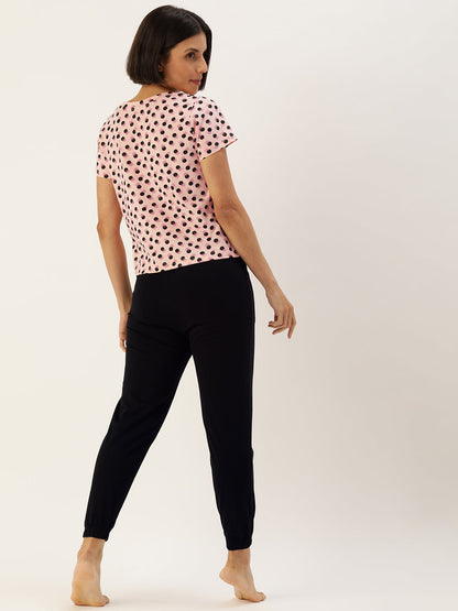 Polka Cropped Tee & Joggers Set in Peach & Black - 100% Cotton