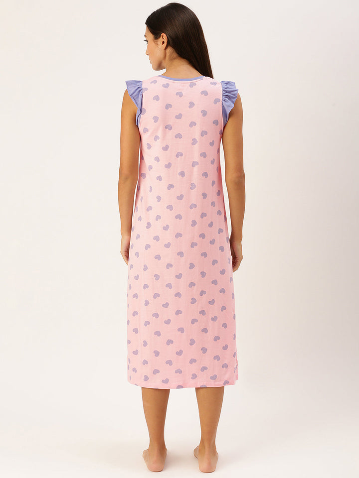 Powder Pink and Lavender Heart Printed Nightdress - 100% Cotton