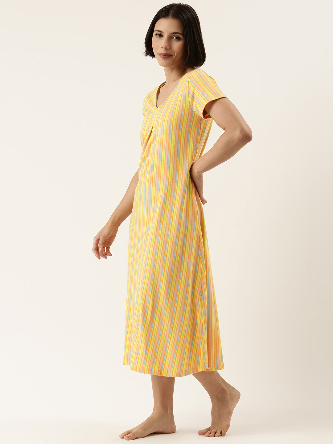 Sunshine Sassy Stripes Waist Tie -Up Nightdress in Multicolor - 100% Cotton