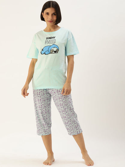 Women Aqua Blue Sunday Mood Drop Shouder T-Shirt & Capri set