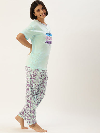 Women Aqua Blue Printed T shirt & Pyjama set