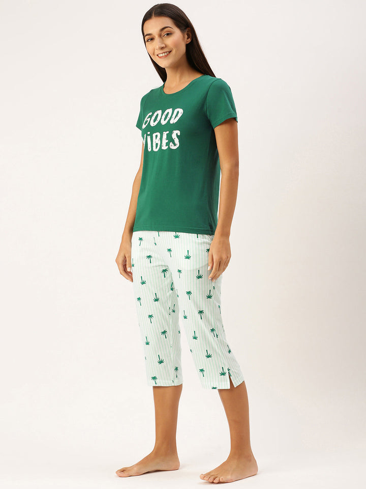 Good Vibes T-Shirt & Capri Set in Alpine Green & White - 100% Cotton