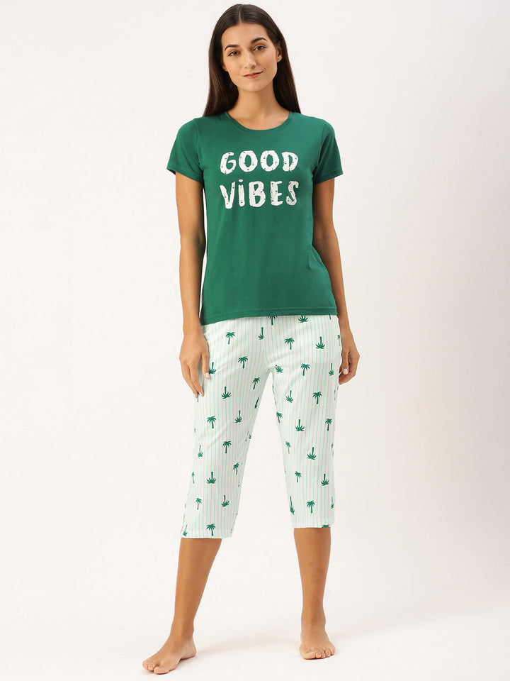 Good Vibes T-Shirt & Capri Set in Alpine Green & White - 100% Cotton