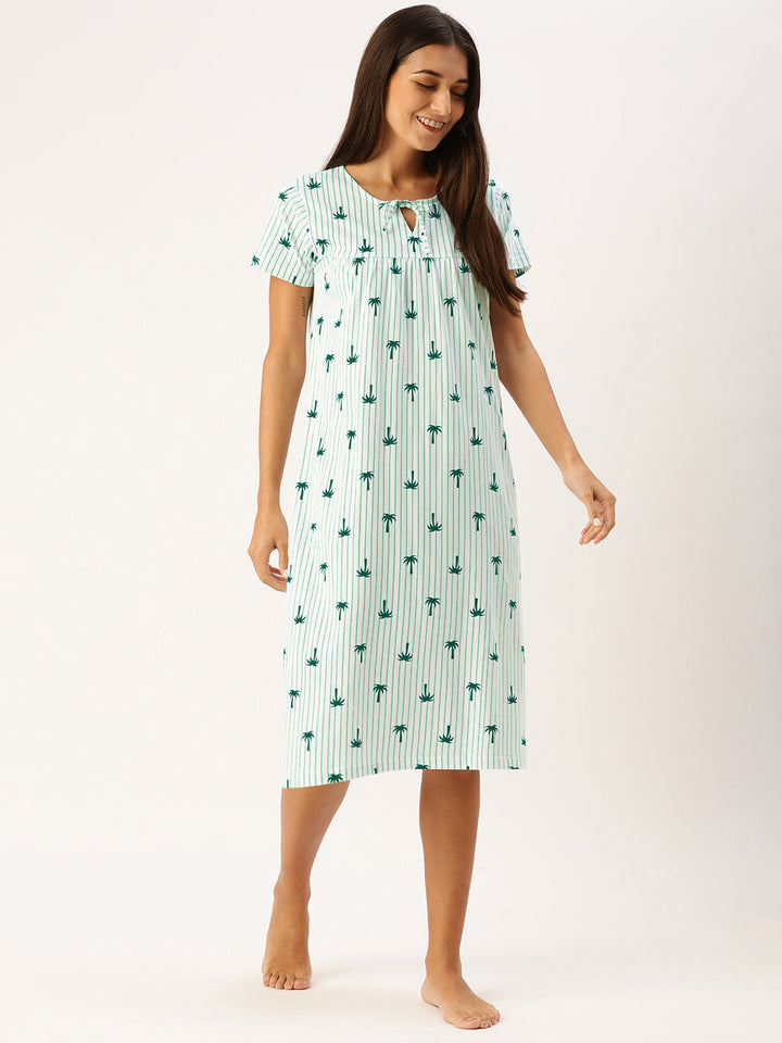 Green Stripes & Palm Tree Printed Nightdress in White