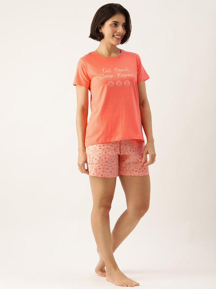 Beachy Print Shorts Set in Sunset Orange - 100% Cotton